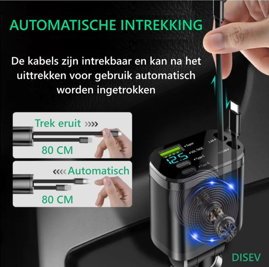 Zwarte autolader met twee uitschuifbare kabels (Lightning/USB-C) en een demonstratie van de automatische intrekfunctie.