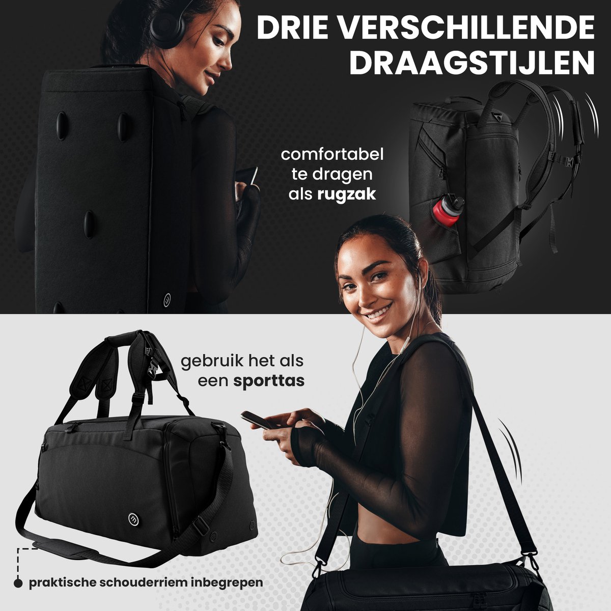 bemaxx Sporttas Gymbag Reistas 40L / 60L - 60L, Zwart thumbnail 4