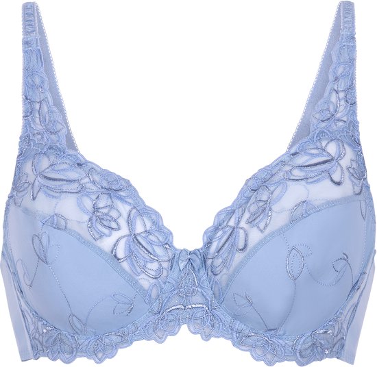 Hunkemöller Diva beugelbeha in lichtblauw met kanten cups en bloemenmotieven.