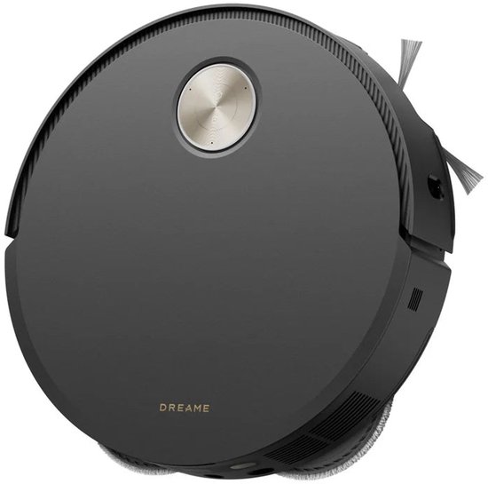 Donkergrijze ronde robotstofzuiger met een gouden knop in het midden en de tekst 'DREAME'.
