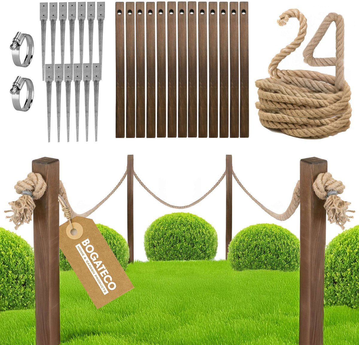 BOGATECO houten hek met jute touw | Zeilhek 24 m | 13 verschillende lengtes | Inclusief montagekit