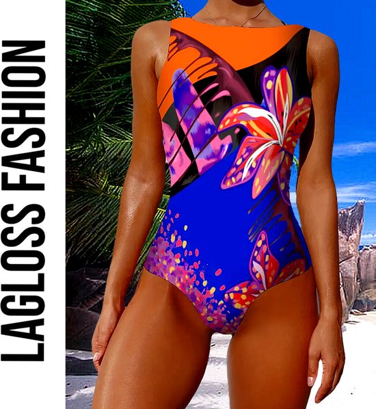 Maillot de bain LaGloss® Blauw à motif floral rouge – Col rond – Push-up et bonnets amovibles – Taille L