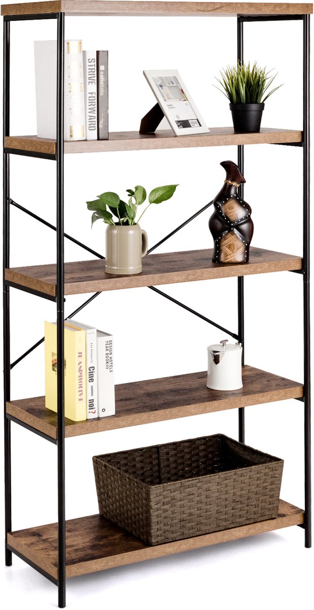 COSTWAY Boekenkast met 5 niveaus, staand rek met metalen frame, vrijstaand rek, kantoorrek voor woonkamer, slaapkamer, werkkamer, 79 x 35 x 160 cm, industrieel design (bruin)