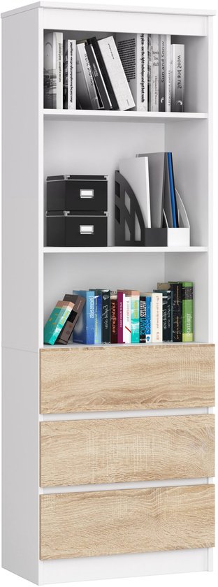 Witte boekenkast met drie lades in sonoma eiken decor, gevuld met boeken en mappen.