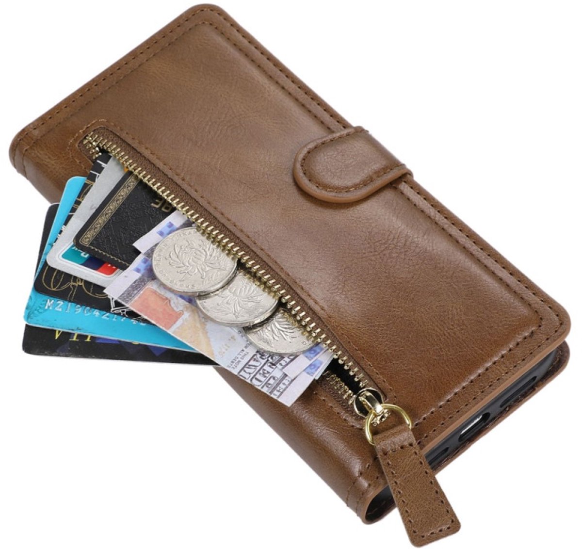 Premium vintage portemonnee hoesje met ritssluiting flip-cover hoes met kaarthoudersleuven Geschikt voor: Apple iPhone 14 Pro Max - Donkerbruin