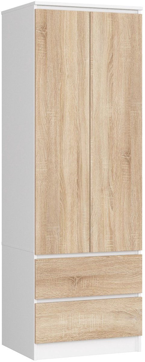 Akord Kledingkast STAR S60 met 2 Deuren en 2 Lades / AKORD Furniture Factory / Wit – Sonoma Eik / 60 x 180 x 51 cm