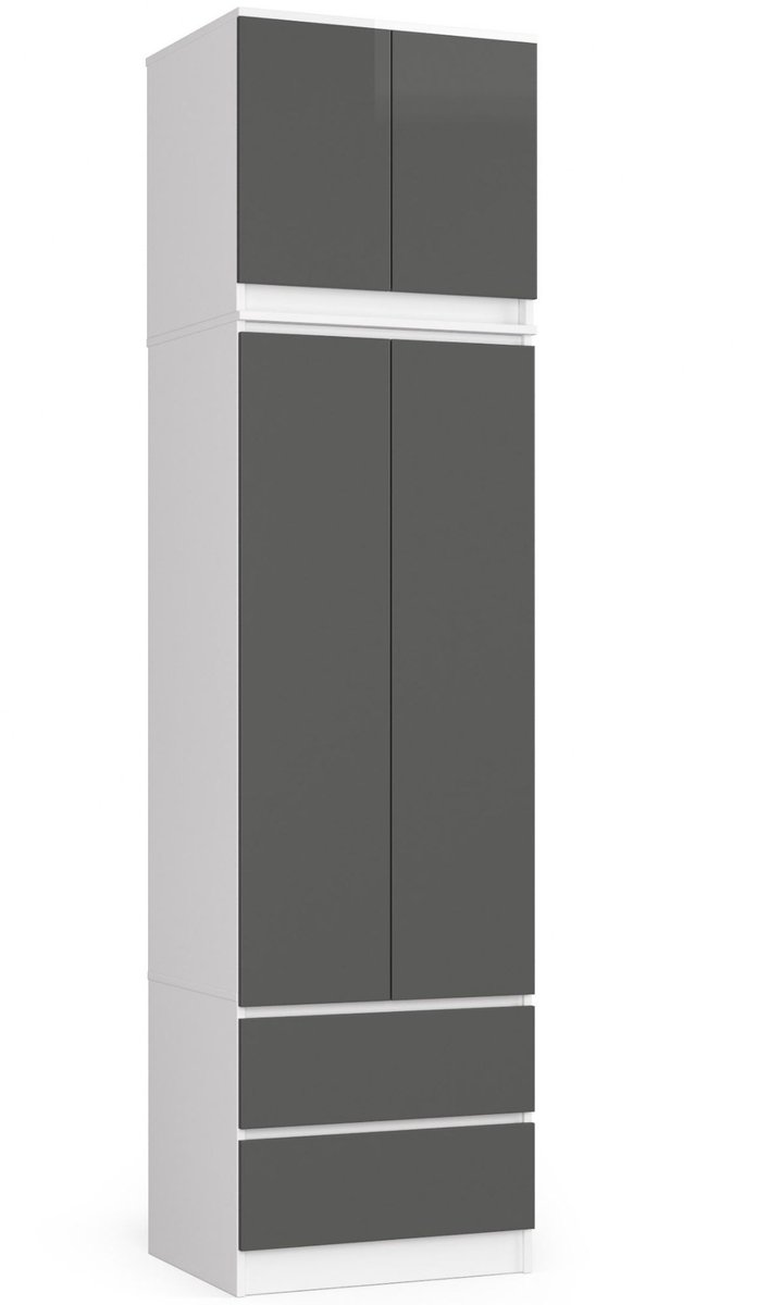 Akord Kledingkast STAR S60 met Opzetstuk, 2 Deuren en 2 Lades / AKORD Furniture Factory / Wit - Grafietgrijs / 60 x 234 x 51 cm