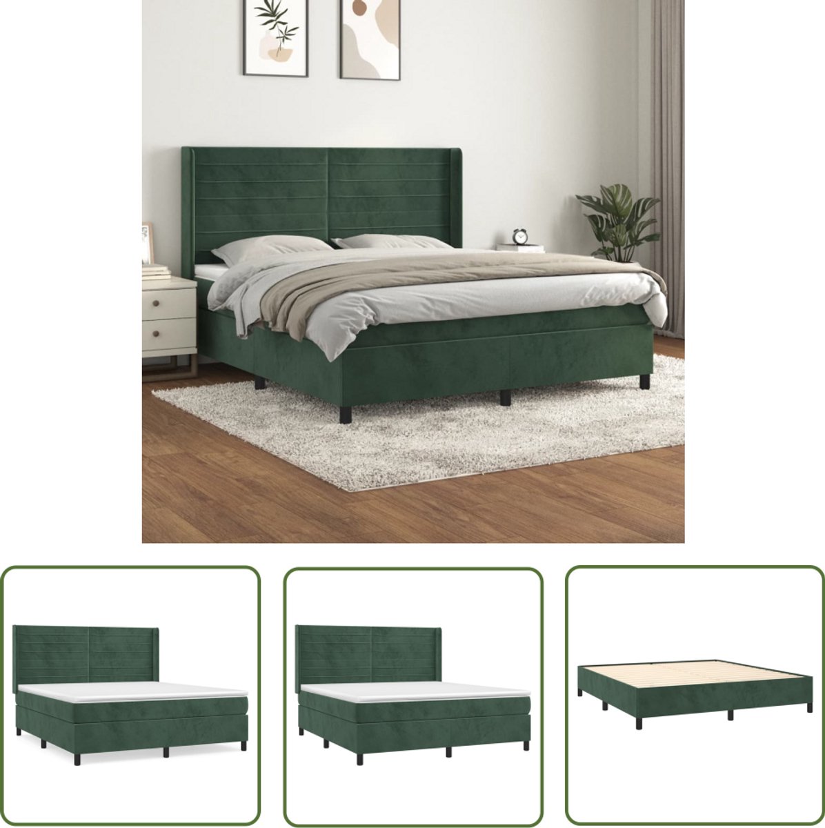 The Living Store Boxspring met matras fluweel donkergroen 160x200 cm - Boxspring - Slaapcomfort - Fluweel Bed - Tweepersoons Bed - Dark Green Bed