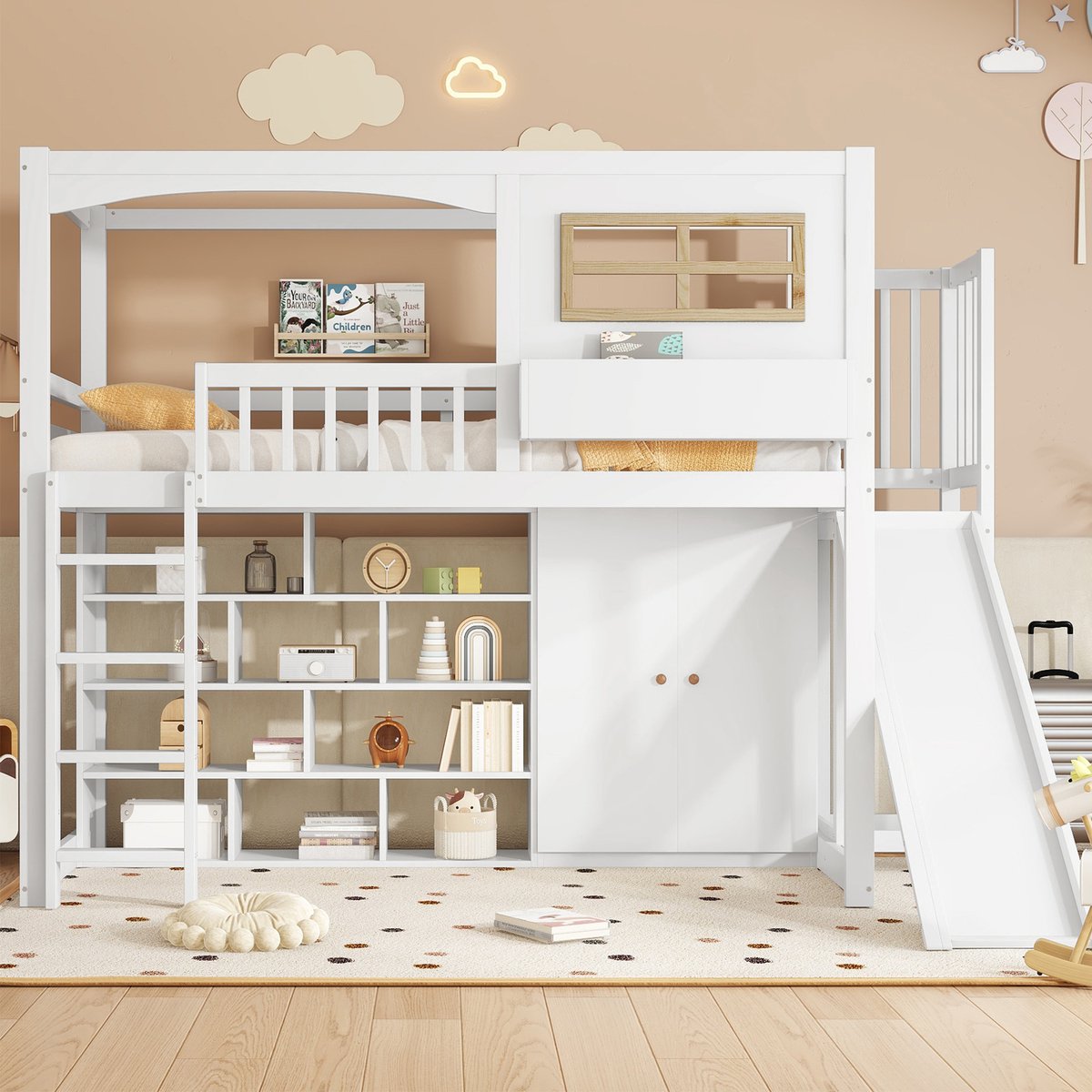 Sweiko Hoogslaper - 90x200 cm - met glijbaan + kleerkast + opbergplanken - Den + MDF - Wit