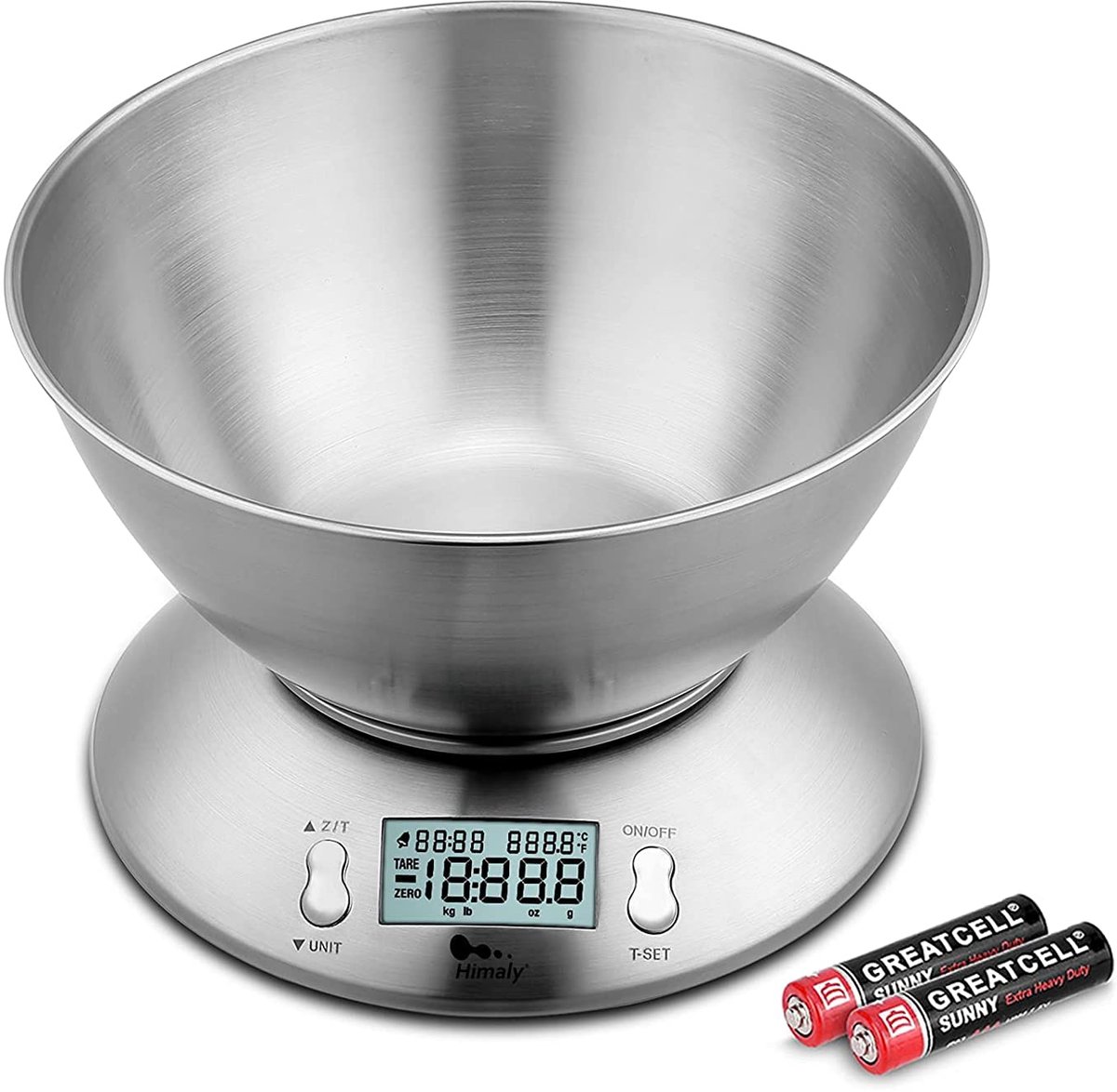 Digitale keukenweegschaal 5 kg - roestvrij staal met afneembare kom - bakken en koken - tarra-functie - LCD-display auto-off