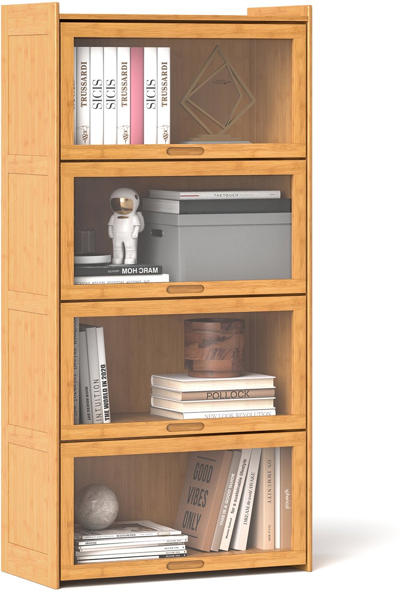 COSTWAY Boekenkast met 4 verdiepingen met acryldeuren, vitrinekast van bamboe met 4 vakken, vrijstaand, opbergrek voor werkkamer, woonkamer, 69 x 34 x 140 cm (natuur)