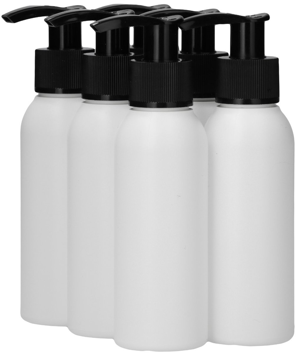 6 x 100 ml ronde fles HDPE wit + Zeepfles Dispenserpomp zwart - BPA Vrij - Niet Breekbaar - Plastic Flesjes Navulbaar - Met Dop - Lege Flessen - 6 stuks