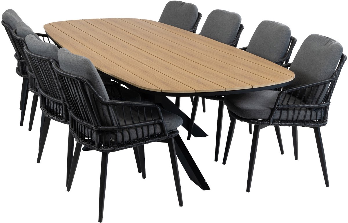 9-delige tuinset | 8 Isabel tuinstoelen (Black) | Tuintafel Cadiz 280x115cm (Black)