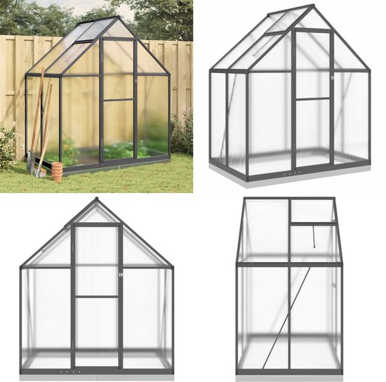 Collage van vier afbeeldingen van een antracietkleurige tuinkas: in de tuin, vooraanzicht, en drie weergaven met gesloten en open dakraam.
