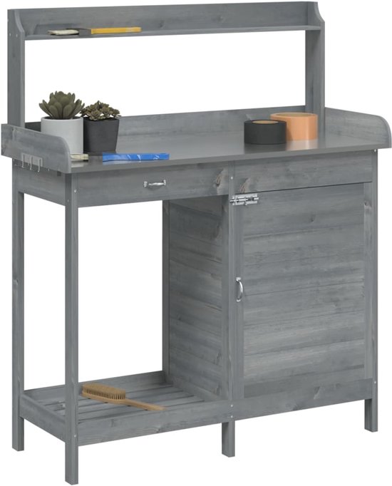 vidaXL Table de rempotage - Tables de remportage - Table de travail de jardin - Table de rempotage - Table de rempotage avec armoire 110,5 x 45 x 124,5 cm Pin massif gris