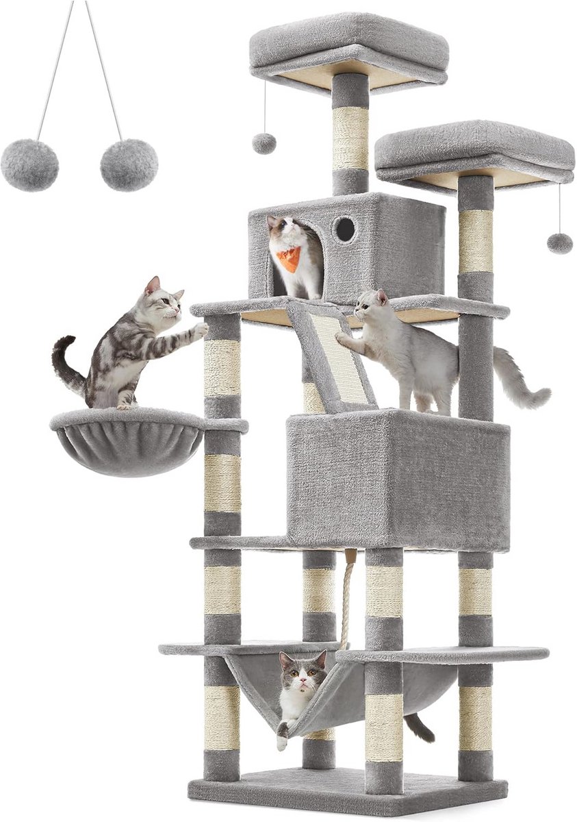 Hoge 168 cm Krabpaal voor Katten met Meerdere Niveaus, Platforms en Grotten