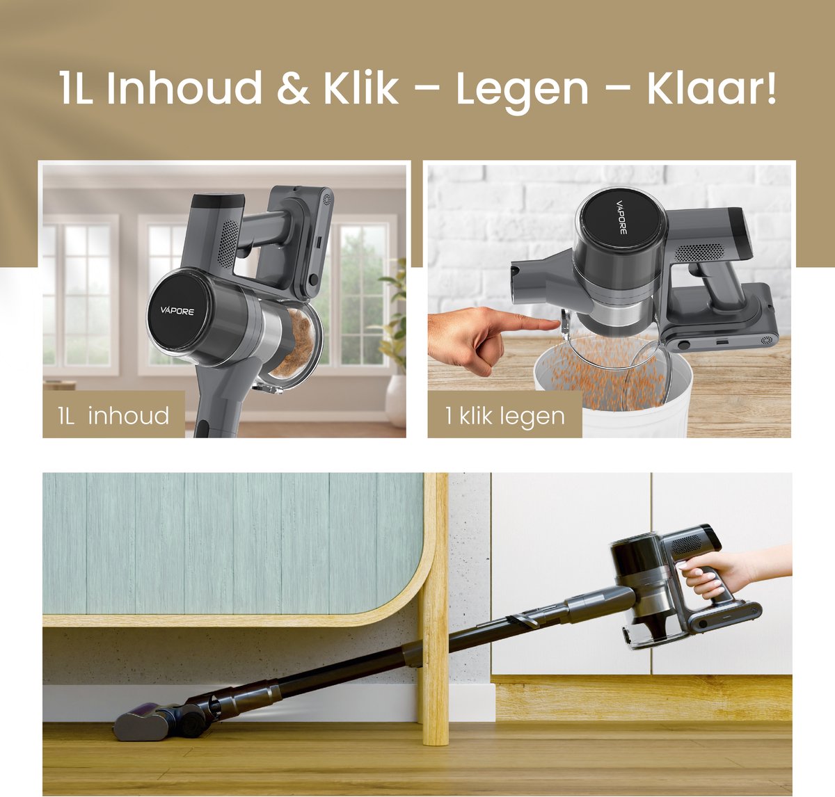 Vapore Steelstofzuiger Draadloos - 47 Minuten Accuduur - 350W - Snoerloze Stofzuiger - Stofzuiger Zonder Zak - Op Accu - Vacuum Cleaner - Kruimeldief - Draadloze Steelstofzuiger - Zwart — afbeelding 4