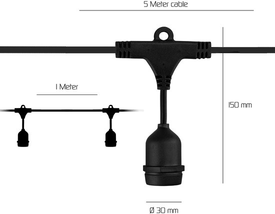 Zwart lichtsnoer met 5 meter kabel en 1 meter tussen de lampen. Diameter van de fitting is 30 mm.
