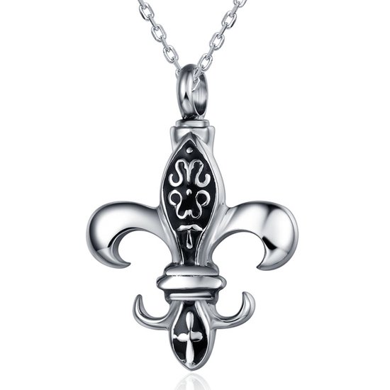 Zilverkleurig assieraad in de vorm van een Franse lelie met zwarte details en een zilverkleurige ketting.