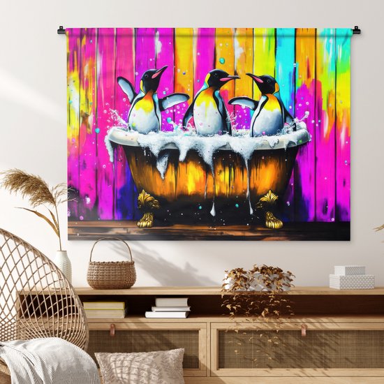 Wandkleed 150x112 cm - Wanddoek Pinguïns - Badkuip - Kleurrijk - Schuim - Wandtapijt - Wandkleden