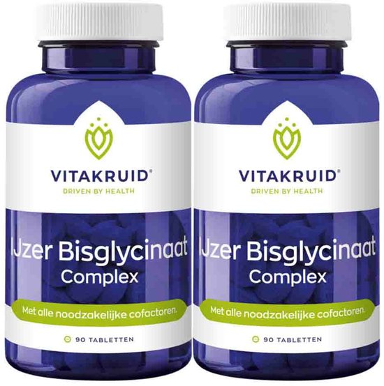 Twee flessen Vitakruid IJzer Bisglycinaat Complex 90 tabletten.
