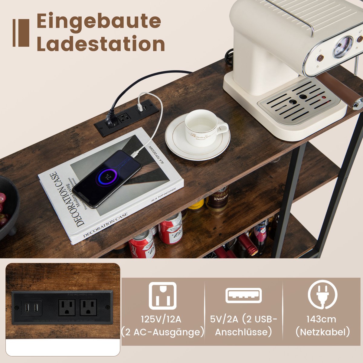 COSTWAY Wijnrek met glazen houder en planken, 3 niveaus, flessenrek met stopcontacten, voor 15 wijnflessen, industri毛le en vrijstaande wijnkast voor thuis, keuken, bar, 113 x 35 x 85 cm — cadeau in Cadeau-ideeën - foto 3