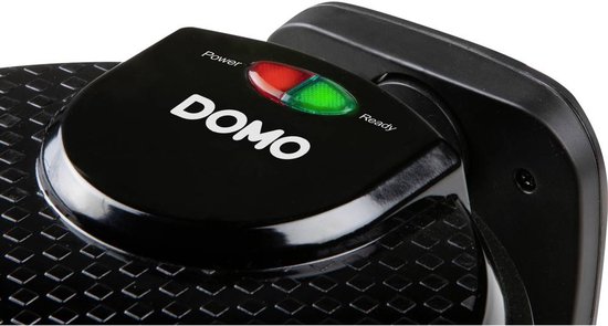 Close-up van het DOMO wafelijzer met rode en groene indicatielampjes.