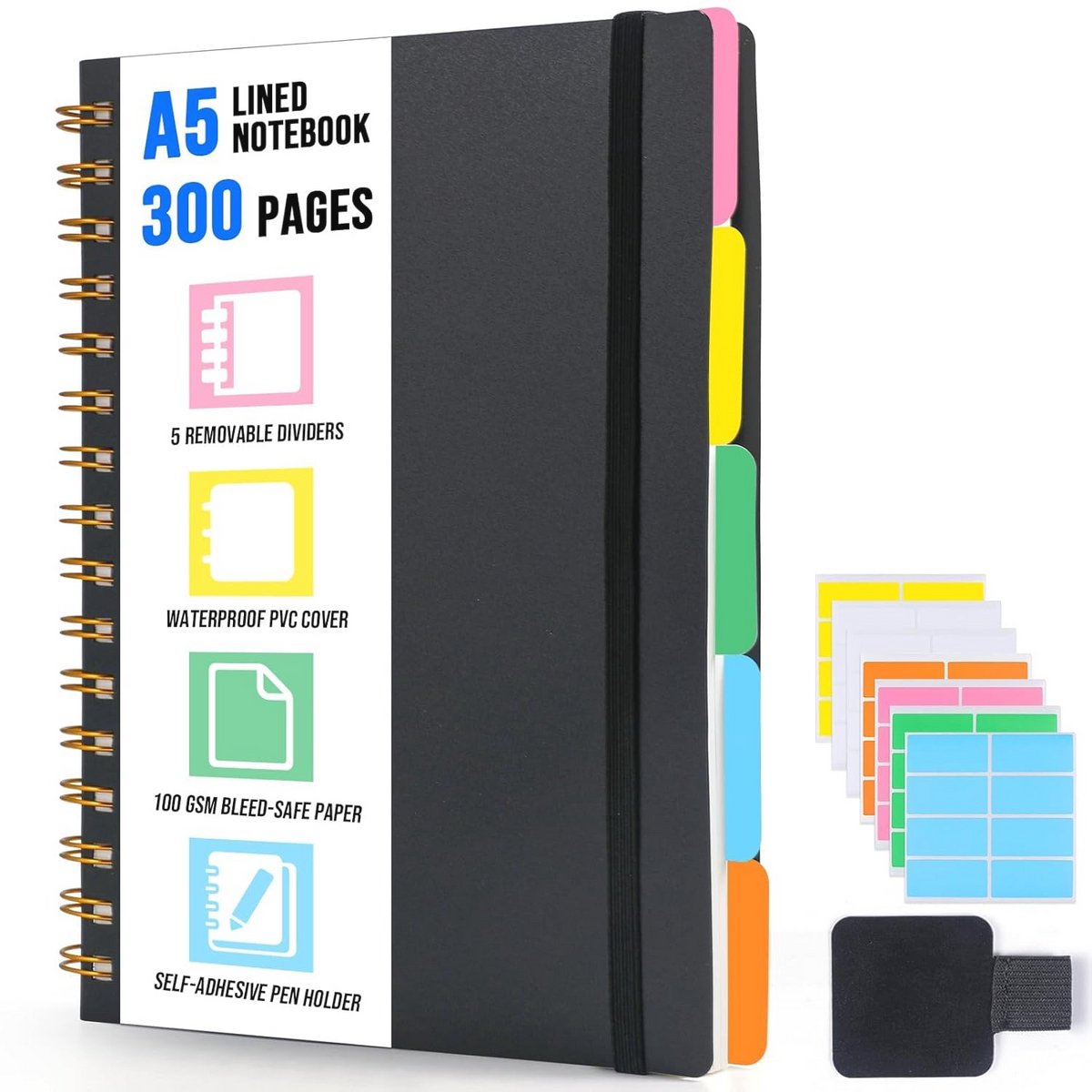 Spiraalvormig Notitieboek A5 met Kleurverdelers - PVC Hardcover, Notities en Geschenken - 21,5 x 15,8 cm (Zwart)