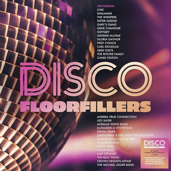 Hoes van het 'Disco Floorfillers' dubbel LP-album, met een discobal en de titel.