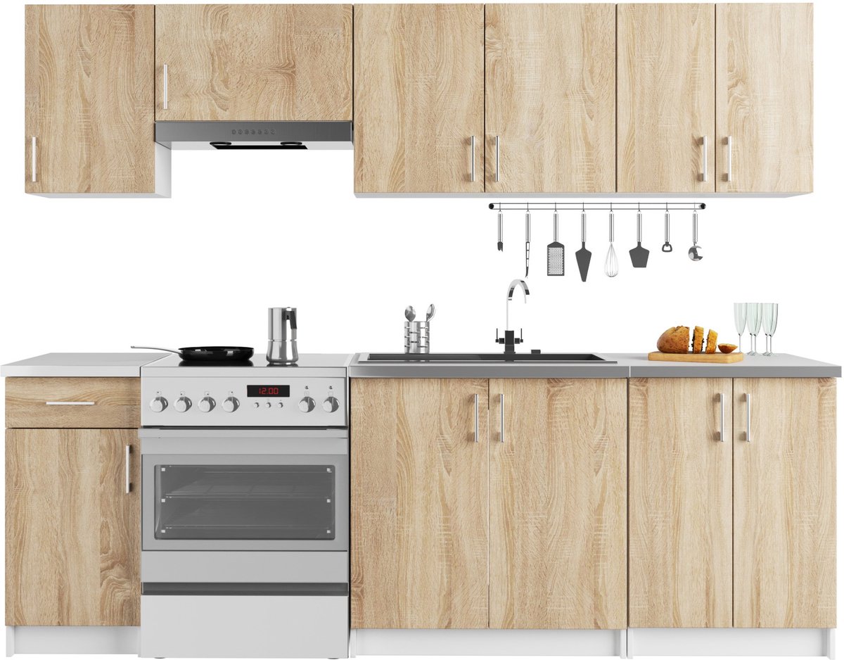 Complete Keuken, Keukenmeubelset LIMA 240 cm breed / Keukeneenheid zonder apparatuur / Wit – Sonoma Eik / 240 x 203 x 44,5 cm