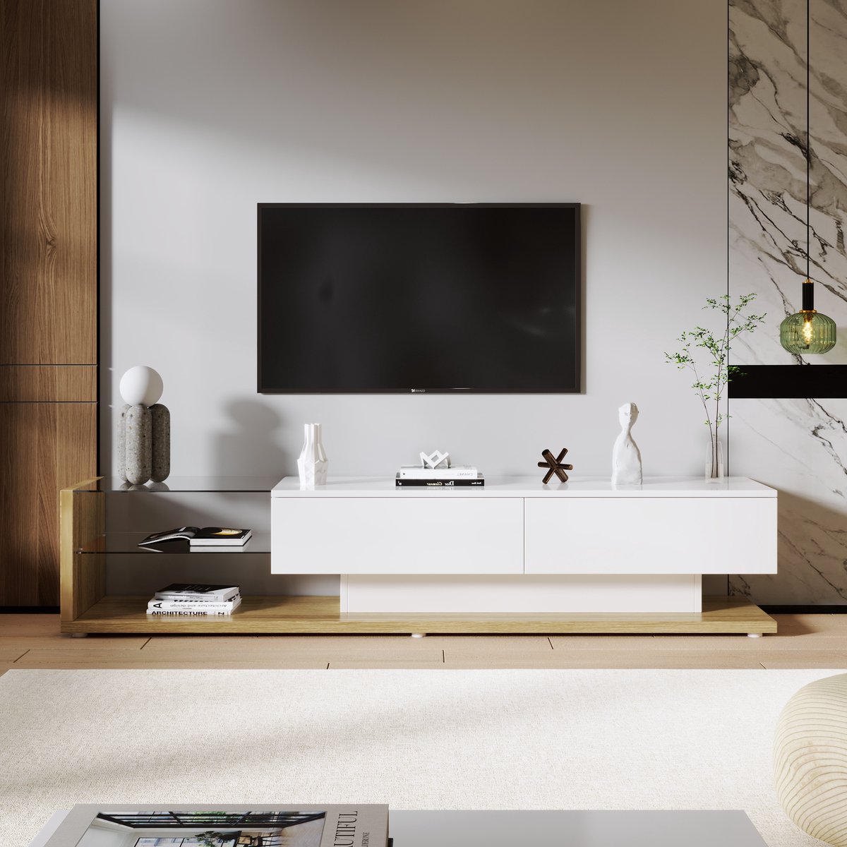 Merax Tv-meubel - combinatie van glanzend witte en houtkleuren - glazen scheidingswanden en dimbare LED-verlichting