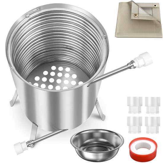 Roestvrijstalen houtkachel met verwarmingsspiraal, vier koppelstukken, een metalen bakje en teflontape.