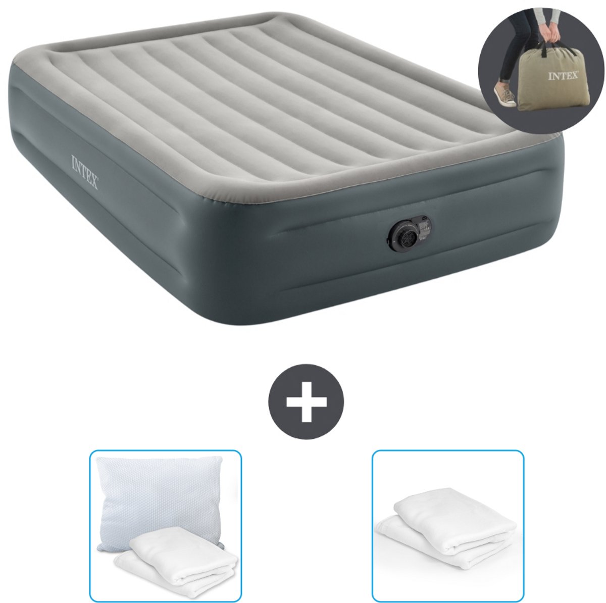 Intex Luchtbed - 2-Persoons - 152 x 203 x 46 cm - Grijs - Inclusief pomp - Kussen en Kussenbeschermer