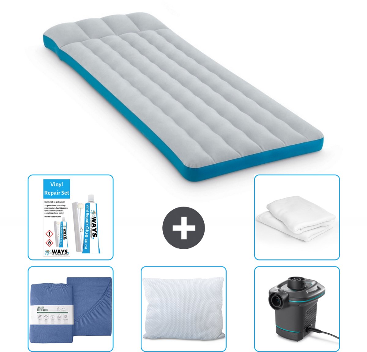 Intex Campingmat - Twijfelaar - 72 x 189 x 20 cm - Blauw - Inclusief Hoeslaken - Kussen - Pomp - Reparatieset en Kussenbeschermer