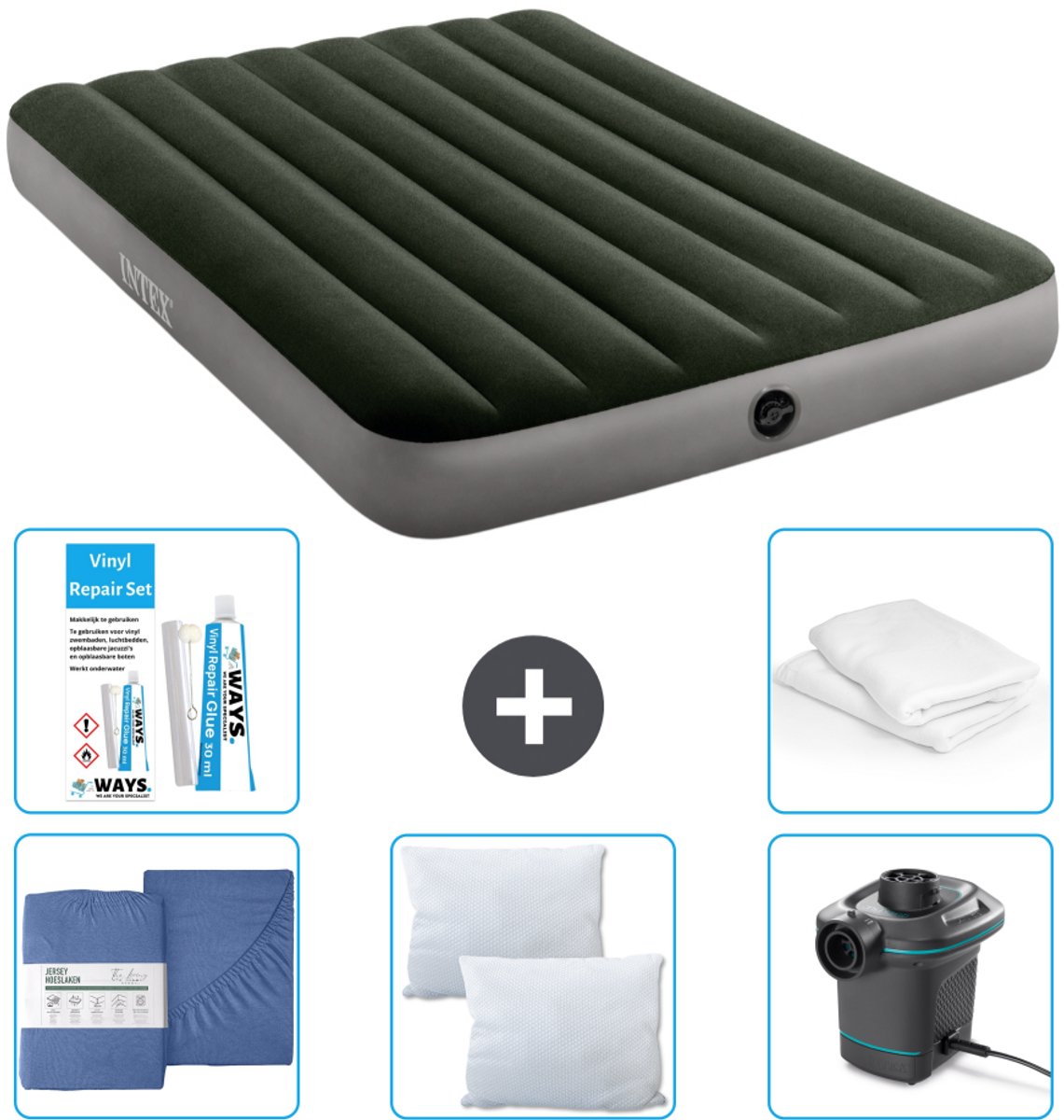 Intex Luchtbed - Twijfelaar - 137 x 191 x 25 cm - Groen - Inclusief Hoeslaken - Kussen - Pomp - Reparatieset en Kussenbeschermer