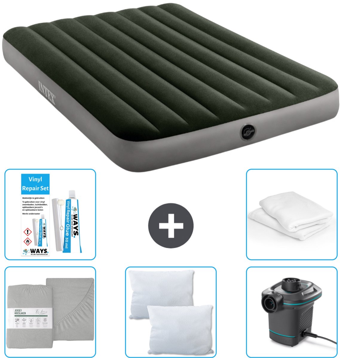 Intex Luchtbed - Twijfelaar - 137 x 191 x 25 cm - Groen - Inclusief Hoeslaken - Kussen - Pomp - Reparatieset en Kussenbeschermer