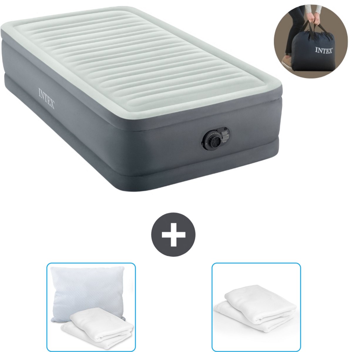Intex Luchtbed - 1-Persoons - 99 x 191 x 46 cm - Grijs - Inclusief pomp - Kussen en Kussenbeschermer