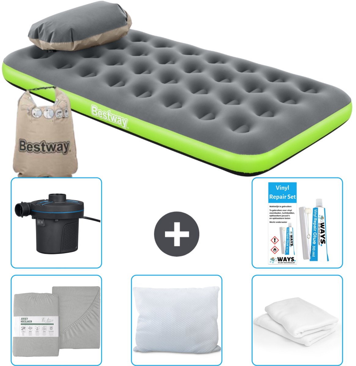 Bestway luchtbed - 1-Persoons - 99 x 188 x 22 cm - Grijs/Groen - Inclusief Hoeslaken - Kussen - Kussenbeschermer - Pomp en Reparatieset
