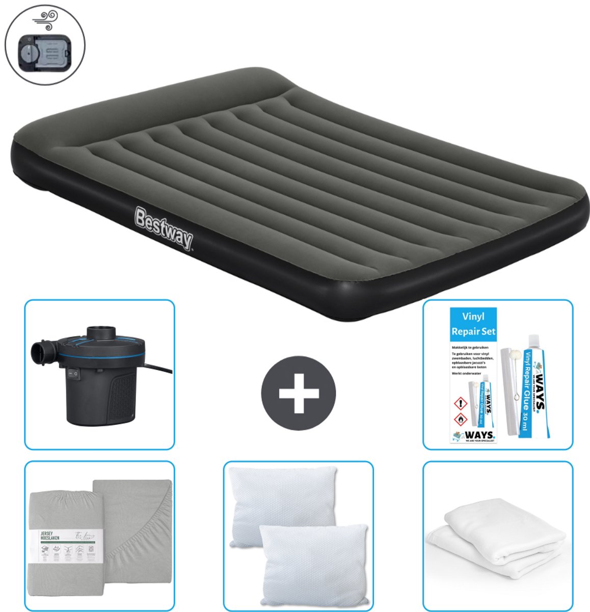 Bestway luchtbed - 2-Persoons - 152 x 203 x 30 cm - Groen - Inclusief pomp - Hoeslaken - Kussen - Kussenbeschermer - Pomp en Reparatieset
