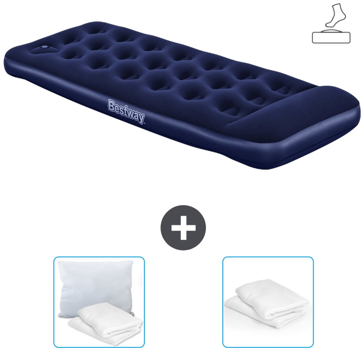 Bestway luchtbed - 1-Persoons - 76 x 185 x 28 cm - Blauw - Inclusief pomp - Kussen en Kussenbeschermer