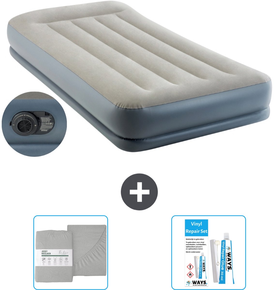 Intex Luchtbed - 1-Persoons - 99 x 191x 30 cm - Grijs - Inclusief pomp - Hoeslaken en Reparatieset