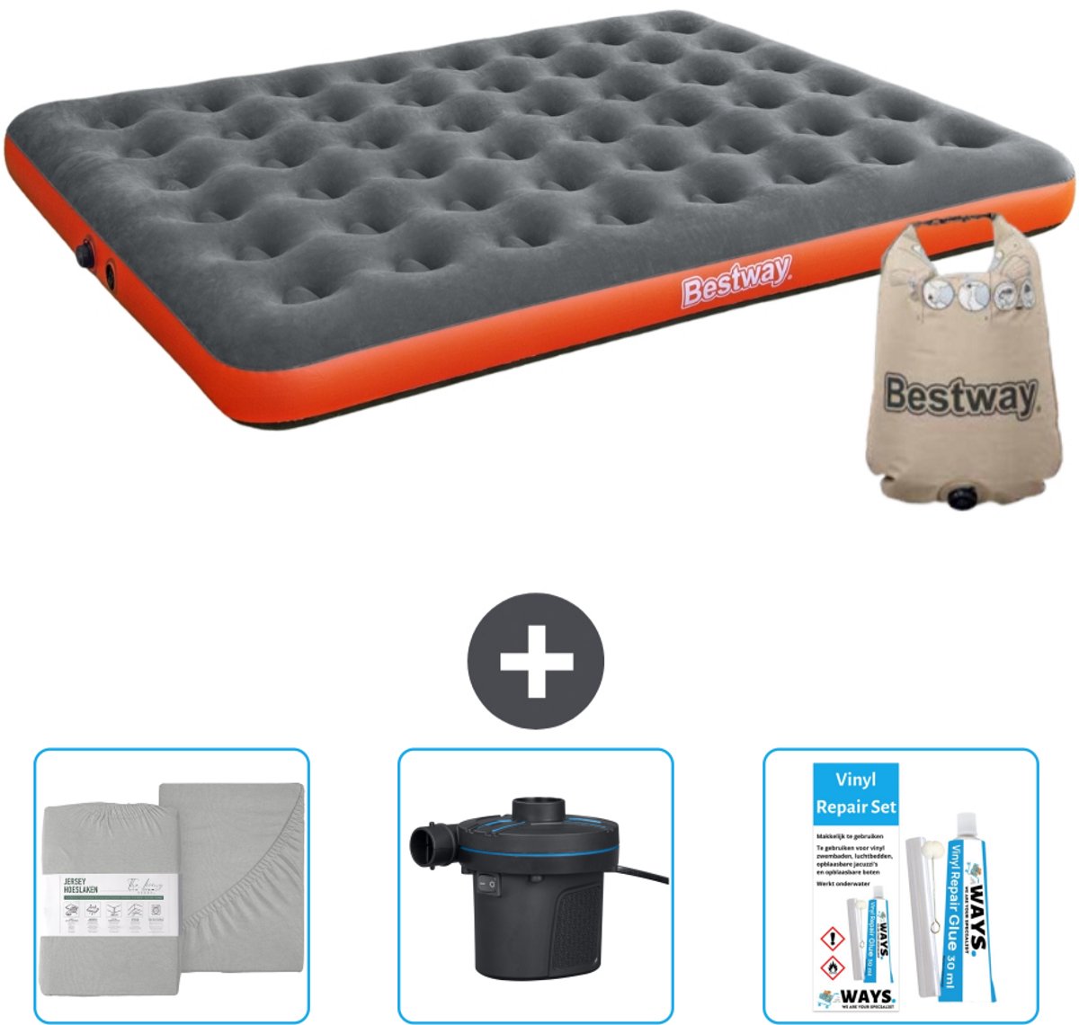 Bestway luchtbed - 2-Persoons - 152 x 203 x 22 cm - Grijs/Oranje - Inclusief Hoeslaken - Pomp en Reparatieset
