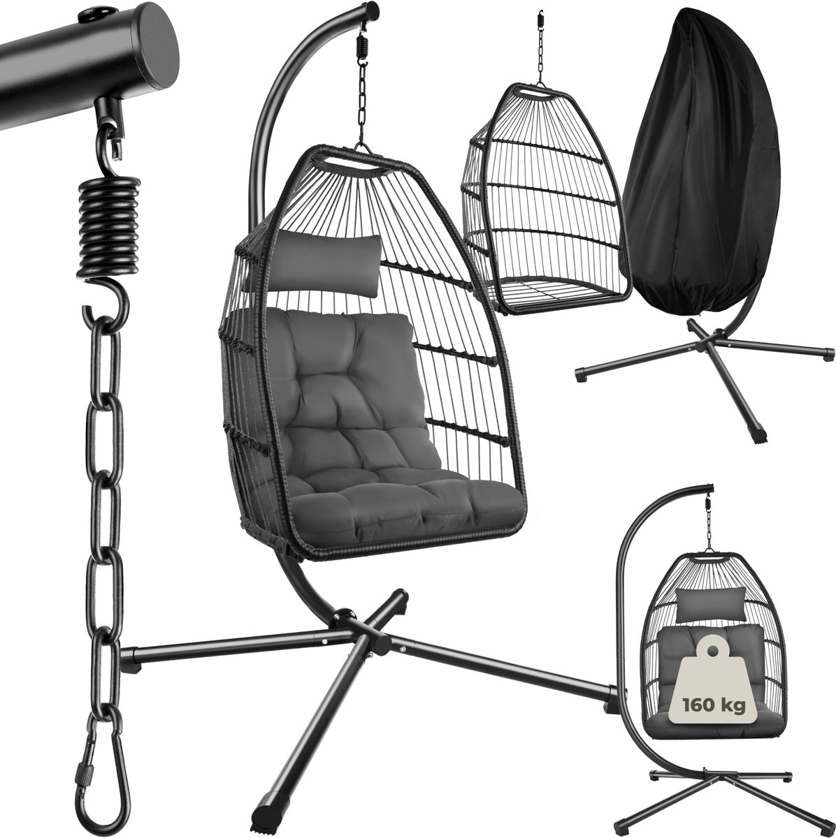 Bol.com tectake® Luxe Hangstoel - Opvouwbare en draaibare Egg Chair met Standaard - Dikke Kussens - Antislipvoeten - Inclusief B... aanbieding