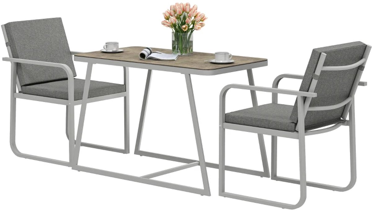 Balkonset 2 personen - Tuinset - Bistroset - Lichtgrijs - Weerbestendig - 3 delig - Tuintafel en 2 stoelen - 2 personen - Gecoat staal - Onderhoudsvrij staal