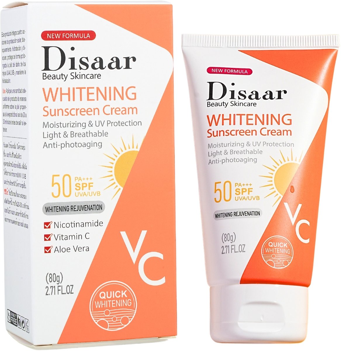 Zonnebrandcrème SPF50 – Whitening & Hydraterend – Anti-Aging – UVA/UVB Bescherming – Vitamine C – Nicotinamide – Aloe Vera – 80g