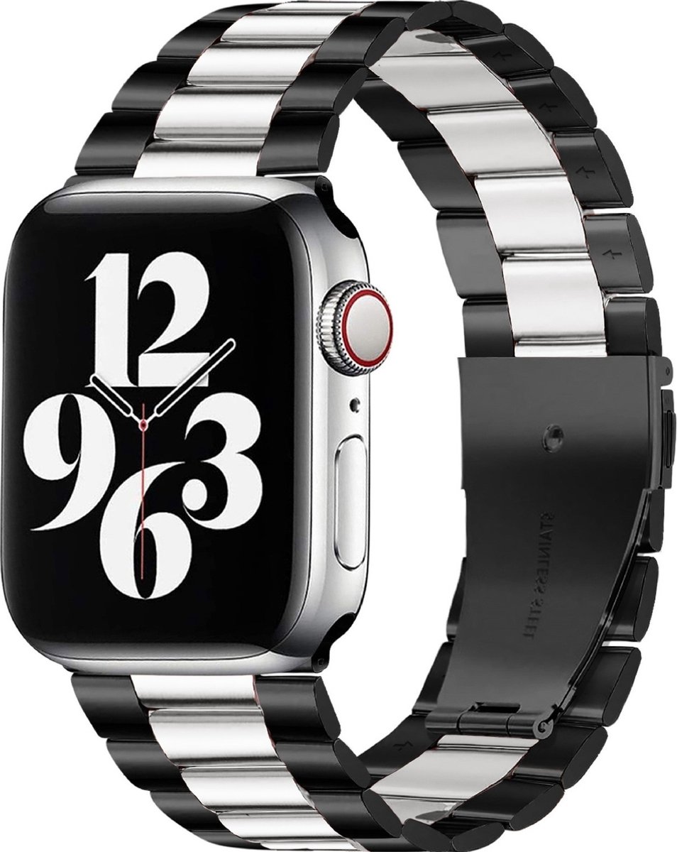 Mobigear Stalen Watch bandje geschikt voor Apple Watch Bandje Vouwsluiting | Mobigear Antwerp - 42/41/40/38 mm - Zwart / Wit