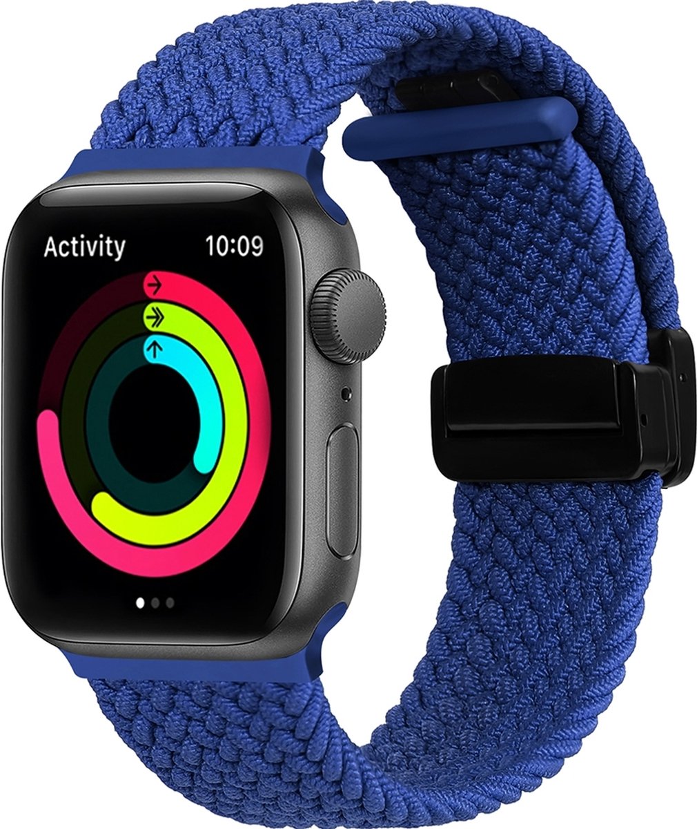 Mobigear Nylon Watch bandje geschikt voor Apple Watch Bandje Magneetsluiting | Mobigear Braided Mag - 49/46/45/44 mm - Blauw