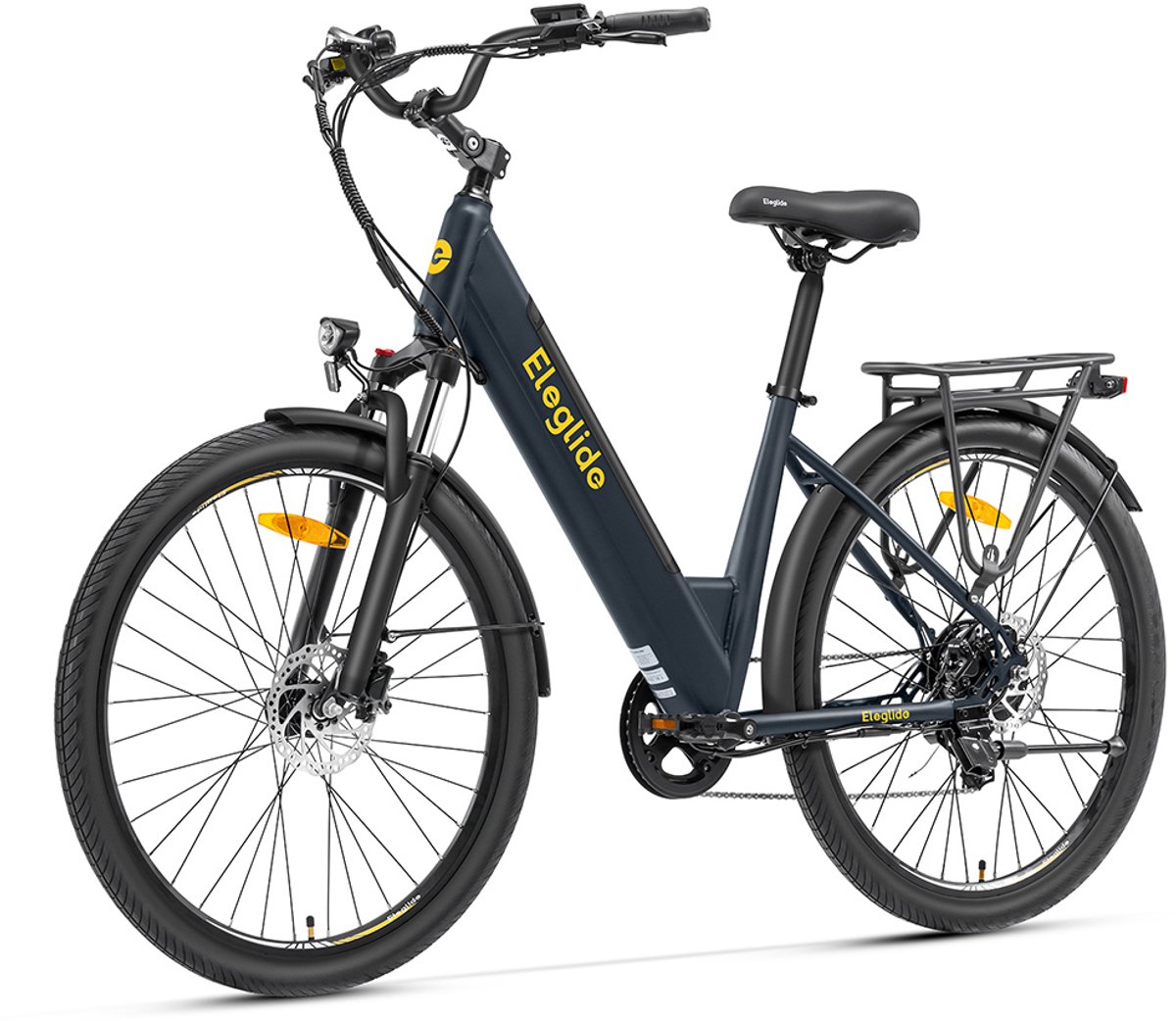 Eleglide T2 elektrische fiets, 250W motor, 36V 13Ah accu, 27,5*2,1 inch banden, maximumsnelheid 25 km/u, maximaal bereik 100 km, hydraulische schijfremmen, verende voorvork met lockout, Shimano 7-speed, LCD-scherm, app-bediening--gratis spatbord