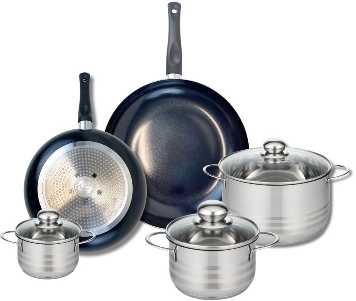 Set van 2 Koekenpannen 24 en 28 cm en 3 kookpotten 12, 16 en 20 cm Elo Prima Brillant