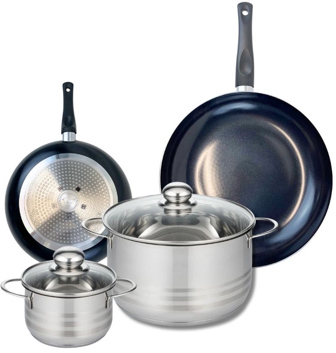 Set van 2 Koekenpannen 20 en 28 cm en 2 kookpotten 14 en 24 cm Elo Prima Glanzend